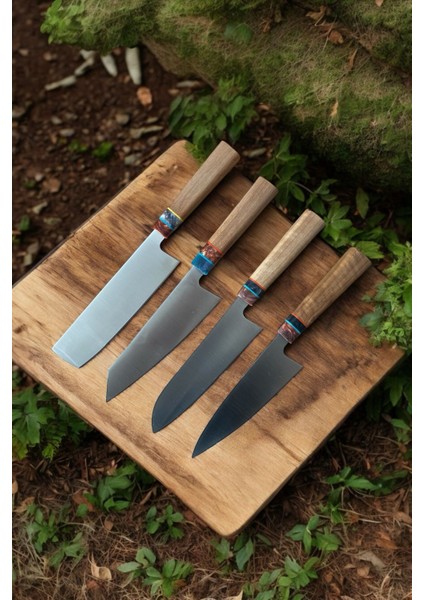 4'lü El Yapımı, Şef Bıçağı Seti Nakiri,kiritsuke,gyuto,santoku Japon Modelleri Ahşap Sap,epoksi Önlü