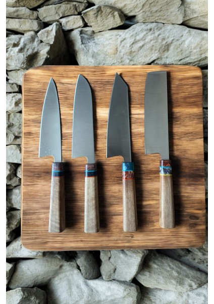 4'lü El Yapımı, Şef Bıçağı Seti Nakiri,kiritsuke,gyuto,santoku Japon Modelleri Ahşap Sap,epoksi Önlü