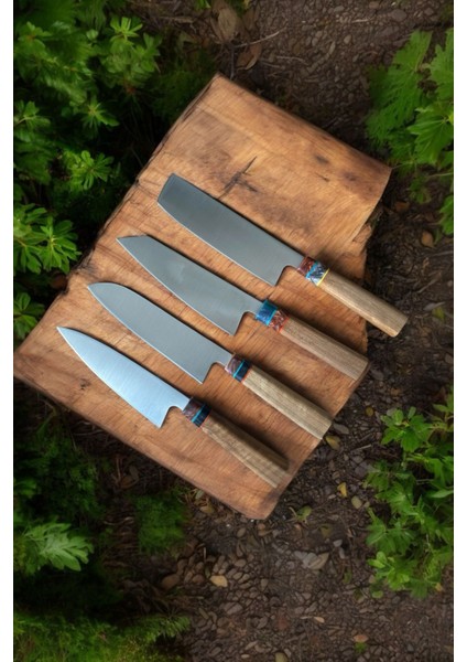 4'lü El Yapımı, Şef Bıçağı Seti Nakiri,kiritsuke,gyuto,santoku Japon Modelleri Ahşap Sap,epoksi Önlü