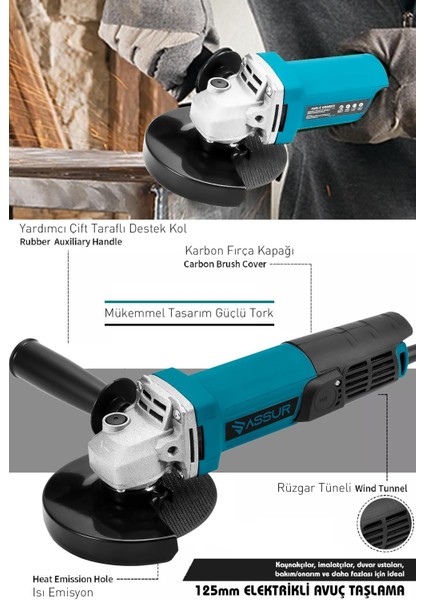 550W Avuç Taşlama Makinesi 125mm Bakır Sargılı Spiral