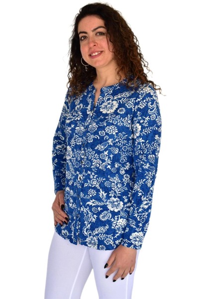 Kadın Çiçek Baskılı Düğmeli Viscon Bluz BGL-ST04268