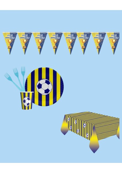 Taraftar Seti 8 Kişilik Sarı Lacivert Ekonomik Doğum Günü Parti Malzemeleri Seti