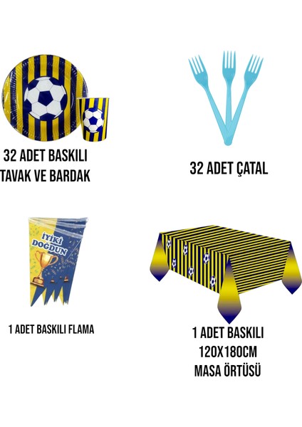 Taraftar Seti 32 Kişilik Sarı Lacivert Ekonomik Doğum Günü Parti Malzemeleri Seti
