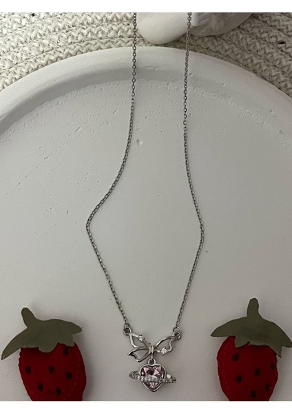 Kalp Figürlü Silver Pembe Taşlı Kolye