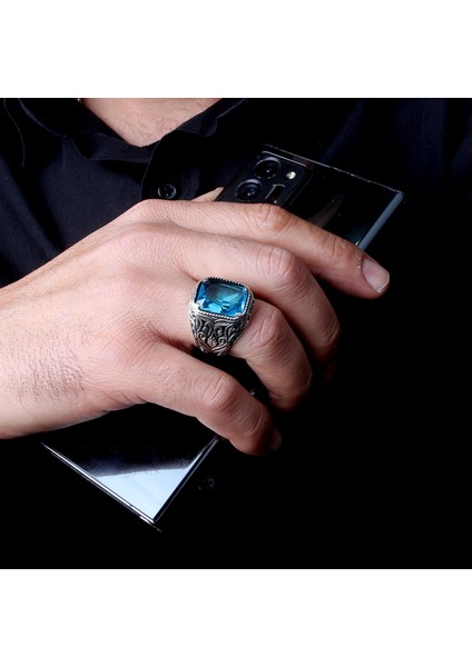 925 Ayar Gümüş Aqua Renk Zirkon Taşlı Model Yüzük