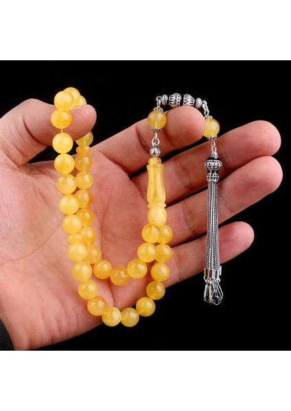 925 Ayar Gümüş Mineli Püsküllü 9,5 mm Damla Kehribar Tesbih