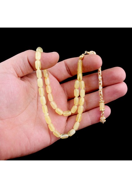 Kapsül Kesim Damla Kehribar Tesbih Zirkon Taşlı Gümüş Püsküllü