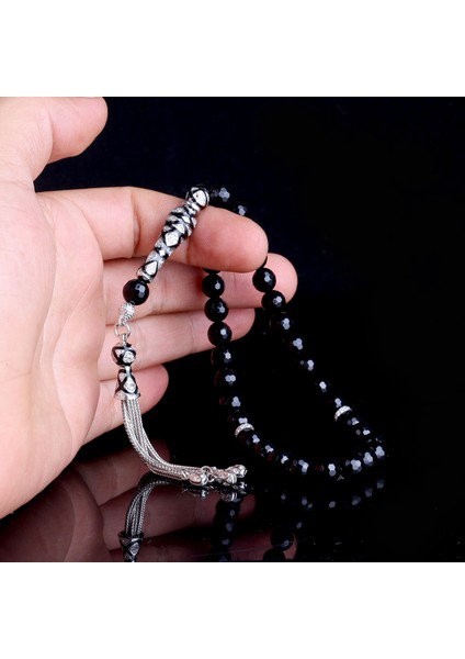 Zirkon Taşlı Gümüş Püsküllü Kristal Kesme Onix Taşı Tesbih