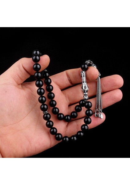 925 Ayar Gümüş Küre Kesim Siyah Zirkon Taşlı Ateş Kehribar Tesbih