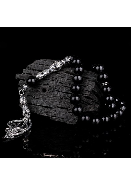 925 Ayar Gümüş Küre Kesim Siyah Zirkon Taşlı Ateş Kehribar Tesbih fiyatları