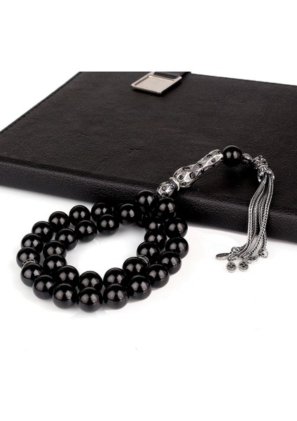 925 Ayar Gümüş Küre Kesim Siyah Zirkon Taşlı Ateş Kehribar Tesbih modelleri