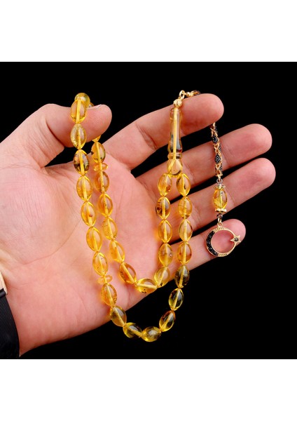 Damla Kehribar Tesbih Siyah Zirkon Taşlı Ayyıldız Model Arpa Kesim