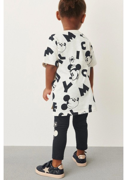 Kız Çocuk Mouse Baskılı Pamuklu Fitilli Taytlı Alt Üst Takım T-Shirt Tayt 2 Parça