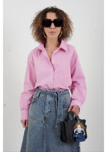 Pembe Cebi Nakışlı Gömlek