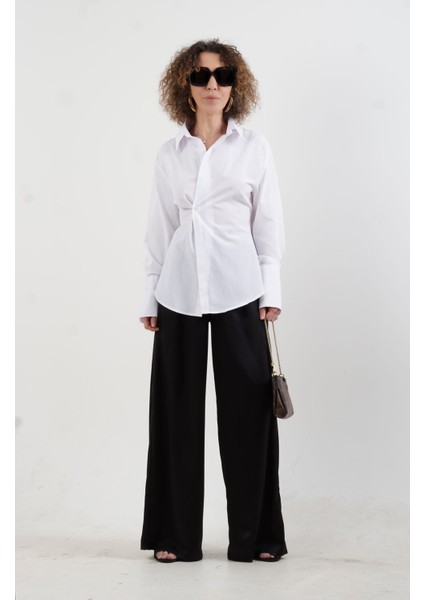 Siyah Bol Paça Saten Pantolon