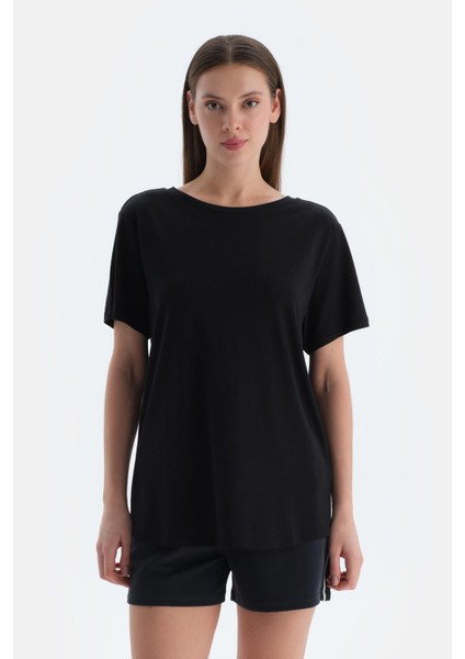 Siyah Kadın Lyocell Karışımlı Tişört