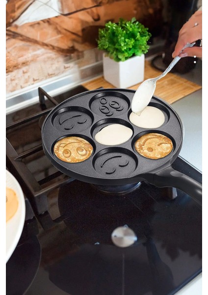 Alüminyum Döküm Granit Kaplama Pankek Tava Gülenyüz Emojili Krep Tava 28 cm Siyah