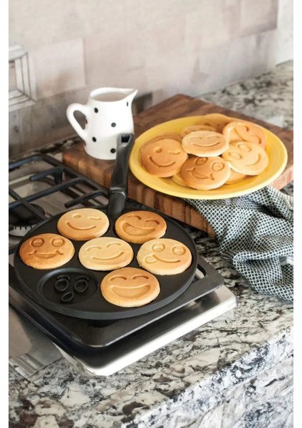 Alüminyum Döküm Granit Kaplama Pankek Tava Gülenyüz Emojili Krep Tava 28 cm Siyah fırsatları