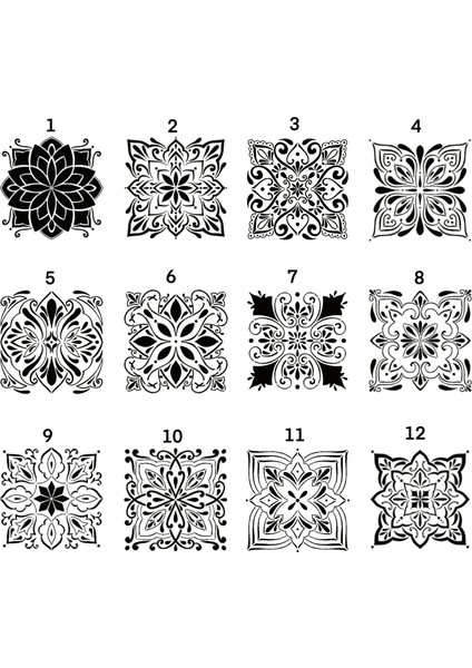12 Farklı Mandala Desen Stencil, 20X20 Boyut,tüm Yüzeyler Için, Birden Fazla Kullanılabilir MFS001