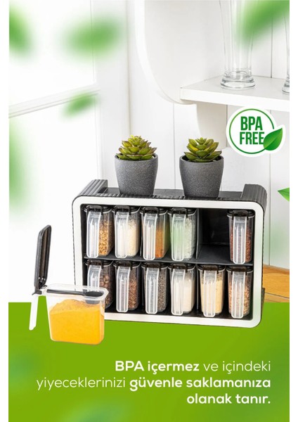 12'li 250 ml Standlı Kendinden Yapışkanlı Kaşıklı Baharatlık Seti Siyah