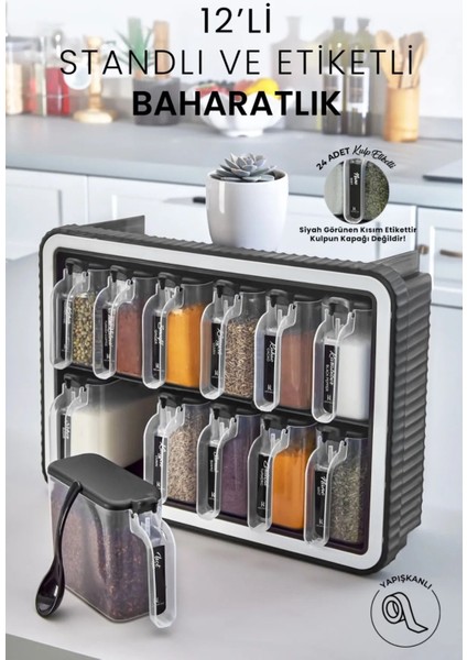 12'li 250 ml Standlı Kendinden Yapışkanlı Kaşıklı Baharatlık Seti Siyah indirimleri