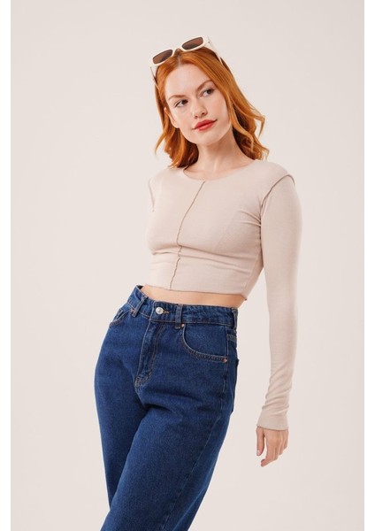 Ters Dikişli Basic Krem Body Bluz