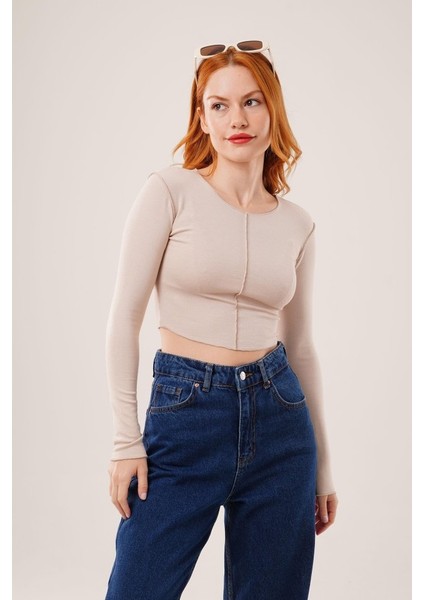Ters Dikişli Basic Krem Body Bluz
