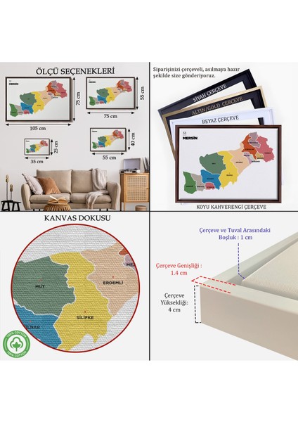 Çerçeveli Mersin Ili ve Ilçeler Haritası Dekoratif Kanvas TABLO-1419