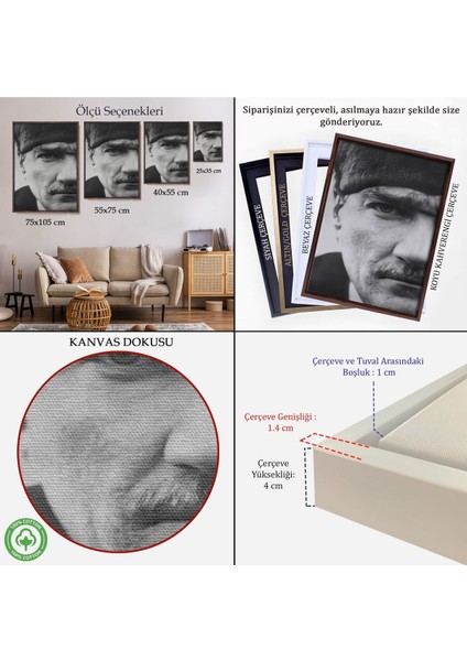 Çerçeveli Atatürk Portre Tablosu Mustafa Kemal Atatürk Dikdörtgen Dekoratif Kanvas TABLO-142