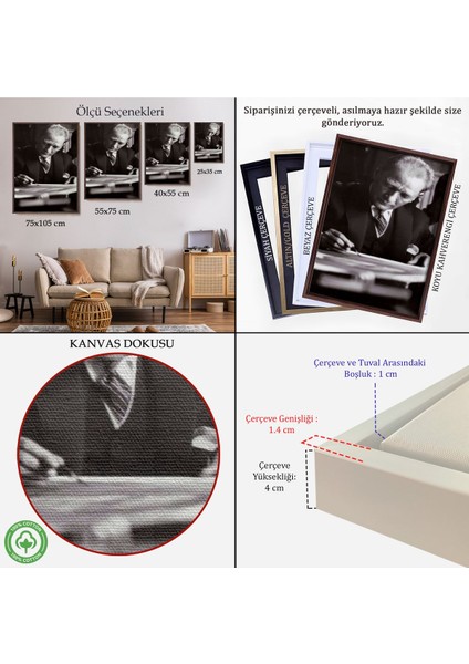 Çerçeveli Atatürk Portre Tablosu Mustafa Kemal Atatürk Dikdörtgen Dekoratif Kanvas TABLO-126 indirimleri