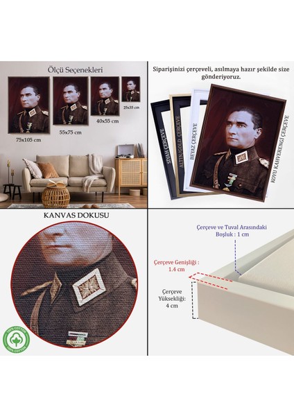 Çerçeveli Atatürk Portre Tablosu Mustafa Kemal Atatürk Dikdörtgen Dekoratif Kanvas Tablo-67