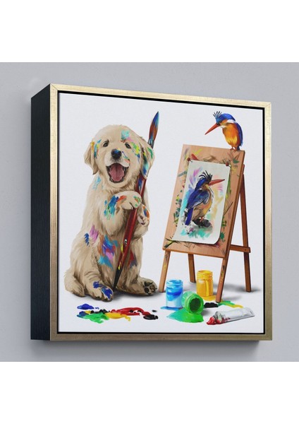 Çerçeveli Ressam Yavru Köpek Dekoratif Kanvas TABLO-5845