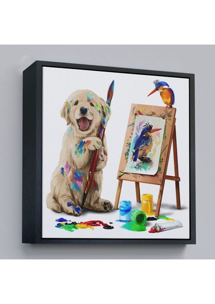 Çerçeveli Ressam Yavru Köpek Dekoratif Kanvas TABLO-5845