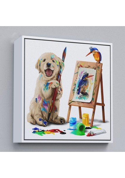 Çerçeveli Ressam Yavru Köpek Dekoratif Kanvas TABLO-5845