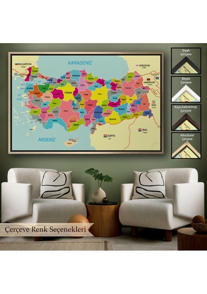Çerçeveli Türkiye Haritası Kanvas Tablo Sınır Komşulu Eğitici Dekoratif TABLO-3080 indirimleri