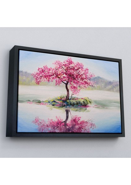 Çerçeveli Gölde Sakura Ağacı Yağlıboya Görünüm Kanvas Duvar TABLOSU-3494