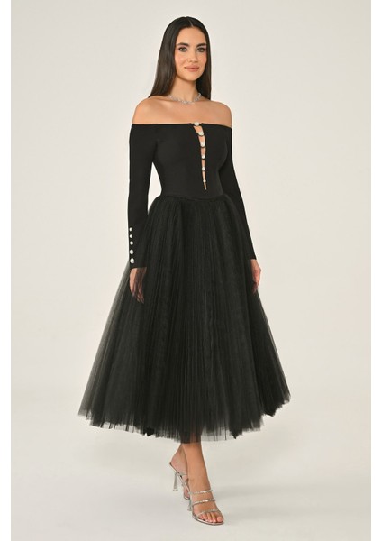 Kadın Abiye Açık Omuzlu Kollu Etegi Tül Midi Elbise