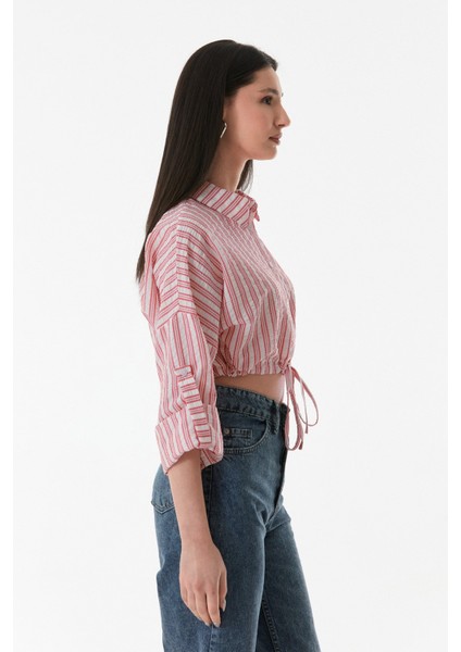 Çizgili Önü Bağlamalı Crop Gömlek