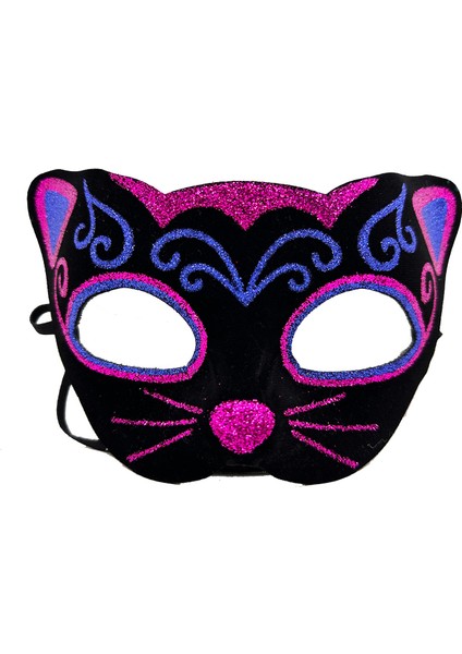 Siyah Kadife Kaplama Üzeri Pembe Mavi Sim Işlemeli Kedi Maskesi 20X13 cm (4767) - MCT7115-3665