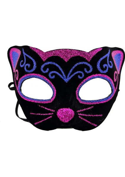 Siyah Kadife Kaplama Üzeri Pembe Mavi Sim Işlemeli Kedi Maskesi 20 x 13 cm - MCT1404-5421