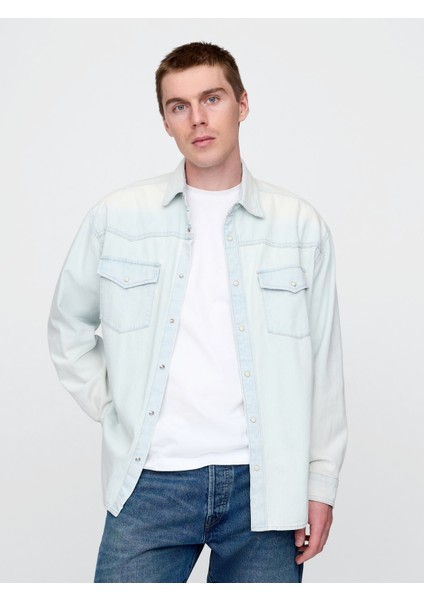 Erkek Mavi Denim Western Big Gömlek