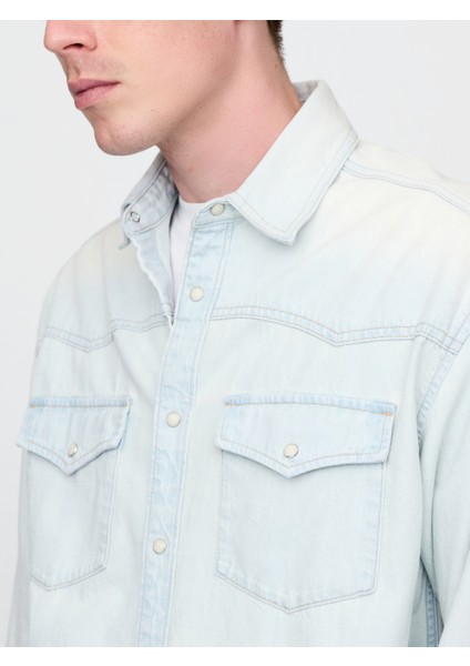 Erkek Mavi Denim Western Big Gömlek fırsatları