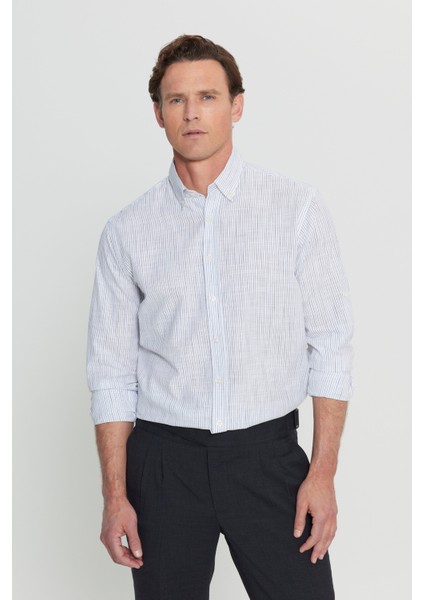 %100 Pamuk Oxford Comfort Fit Rahat Kesim Düğmeli Yaka Çizgili Gömlek
