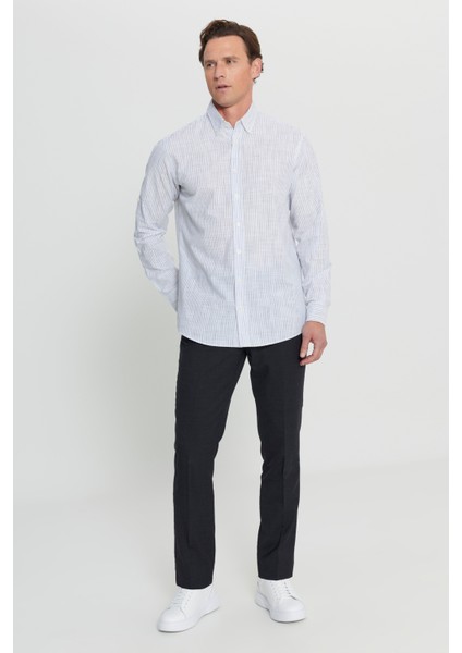 %100 Pamuk Oxford Comfort Fit Rahat Kesim Düğmeli Yaka Çizgili Gömlek fiyatları