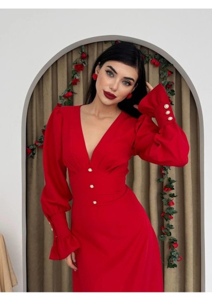 Butik Meta Düğme Detaylı Elbise