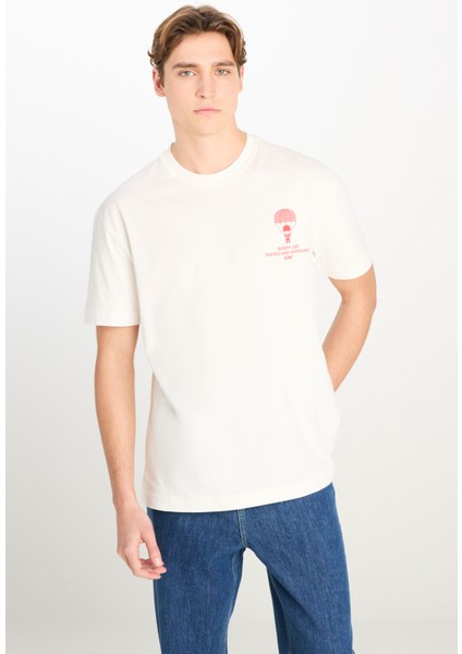 %100 Pamuk Relaxed Fit Geniş Kesim Bisiklet Yaka Beyaz Tişört