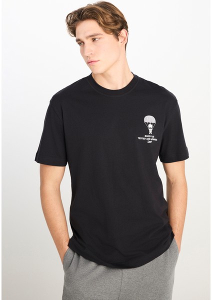 %100 Pamuk Relaxed Fit Geniş Kesim Bisiklet Yaka Siyah Tişört