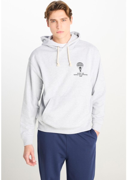 Loose Fit Rahat Kesim Kapüşonlu Gri Melanj Sweatshirt