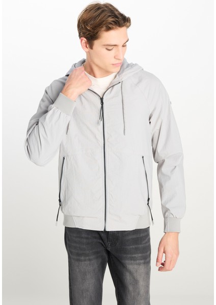 Regular Fit Normal Kesim Kapüşonlu Gri Yağmurluk Ceket
