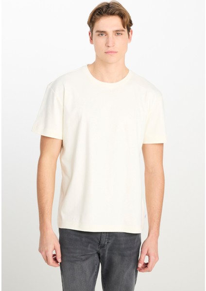 %100 Pamuk Relaxed Fit Geniş Kesim Bisiklet Yaka Ekru Basic T-Shirt fiyatları